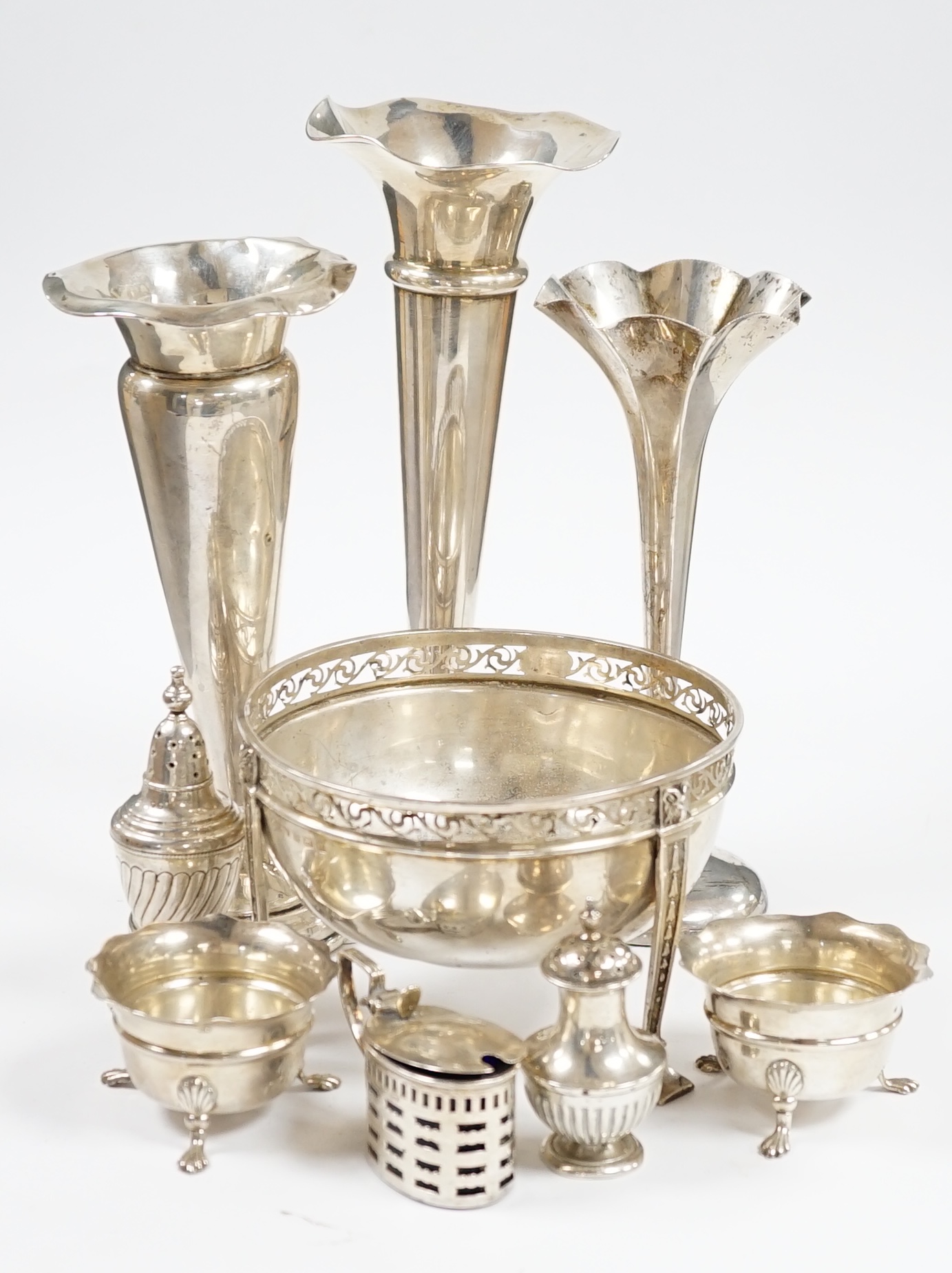 Three assorted silver mounted posy vases, tallest 20cm, five assorted silver condiments and a silver bowl. Condition - poor to fair